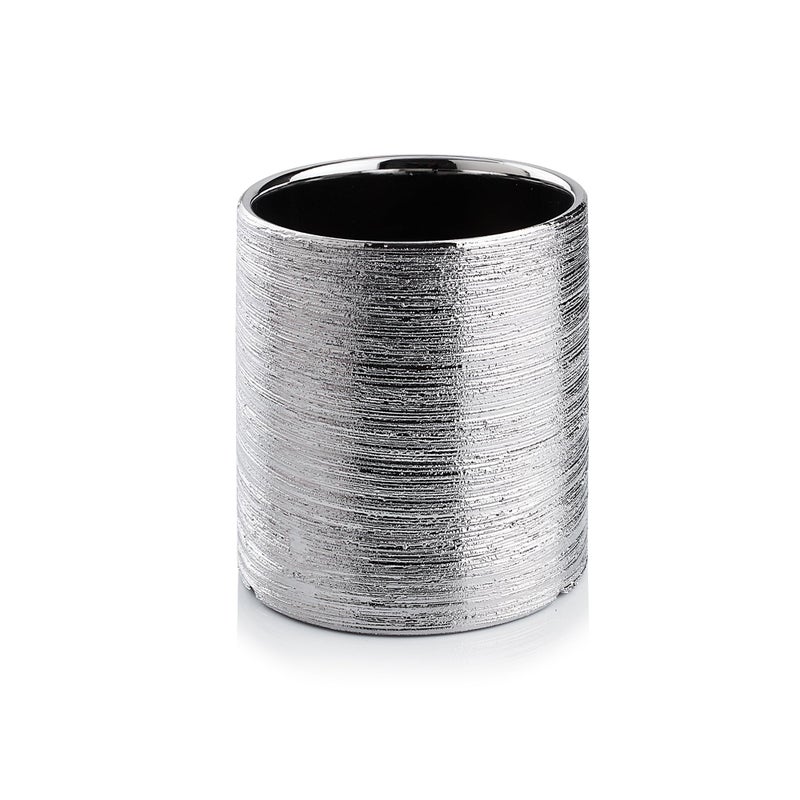 WGVI Silver Etched Ceramic Cylinder Vase Width 3.75" Height 4", Flower Arrangements, Candle Holder, Terrarium Planter Pot, Storage Container Organizer, Pen Brush Holder, Scratched Texture, 1 Piece - Image 1